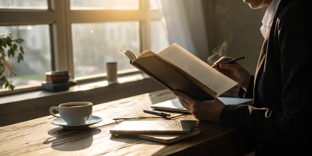 5 Active Reading Strategies for Deep Comprehension 8 Person applying active reading strategies by taking notes from a book for deep comprehension.