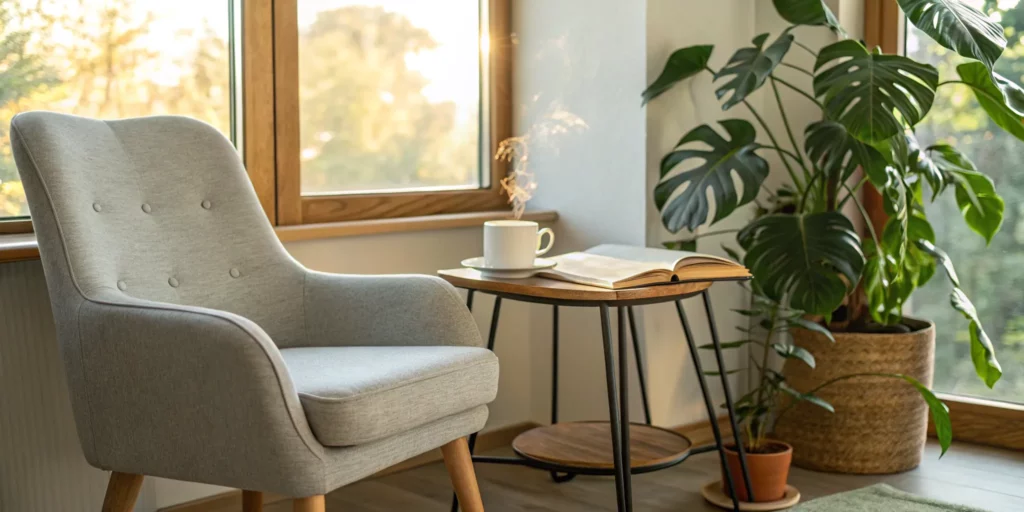 A comfortable setting for an adult to focus on improving reading comprehension with a book.