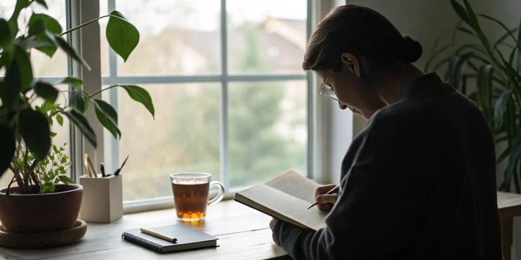 Person reading and taking notes, an effective strategy for improving reading skills.