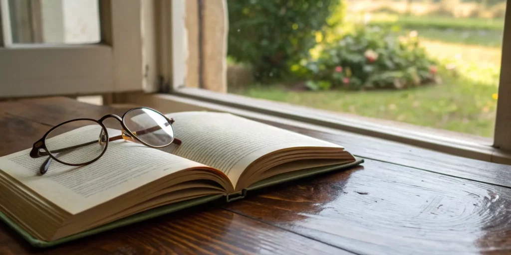 An open book and glasses on a table, as reading does improve focus.