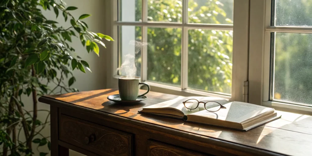 How to Get Better at Reading Comprehension Tests: A Guide 7 A study setup with a book and glasses for getting better at reading comprehension tests.