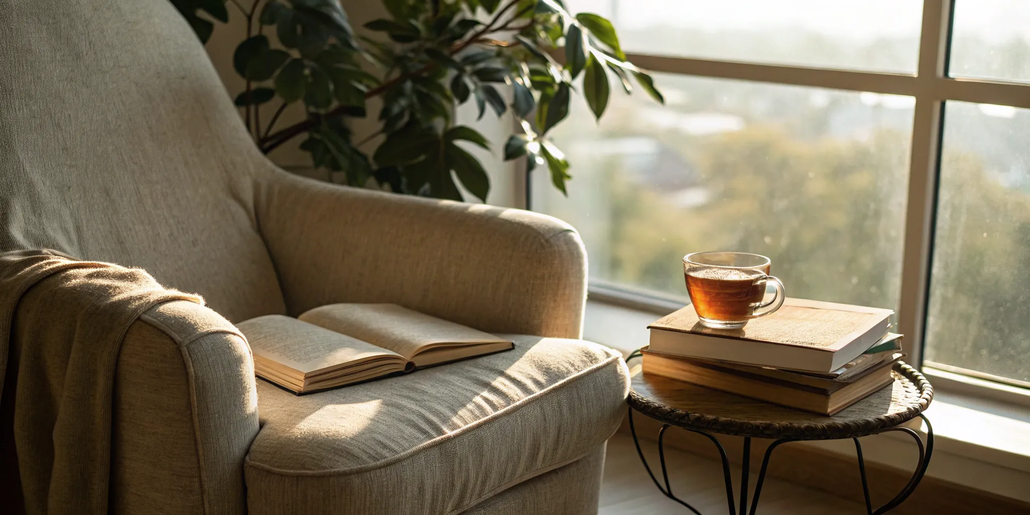 A quiet reading space with an open book, designed to help an adult improve reading comprehension.
