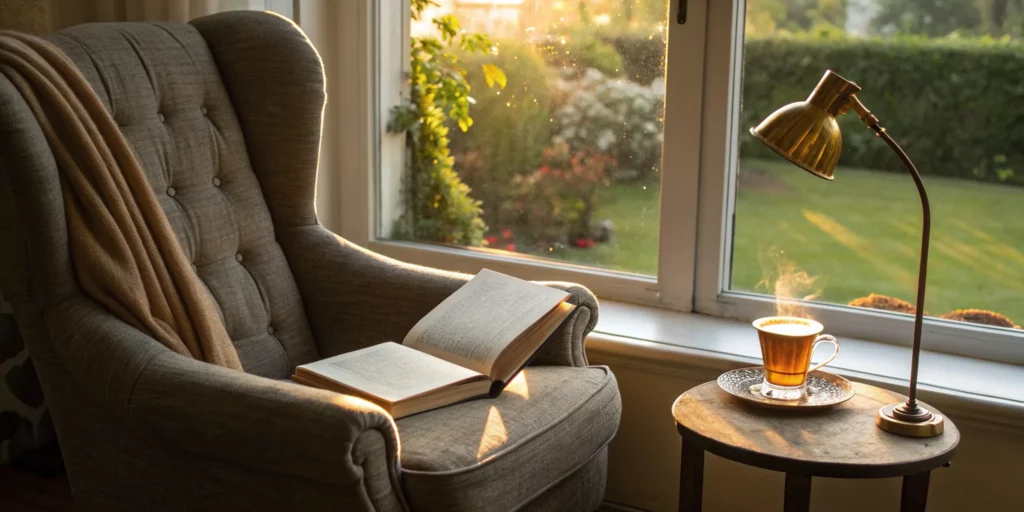 A cozy reading nook with an open book, an ideal setup for adults to improve their reading skills.
