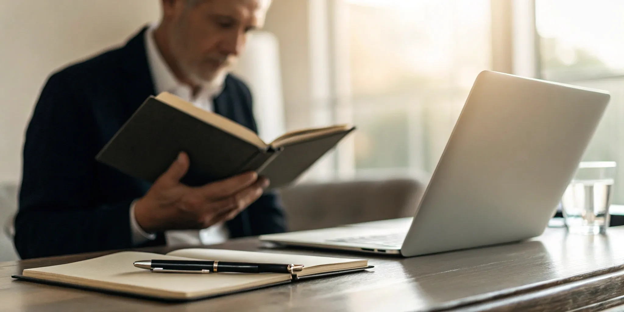 Man at a desk practicing how to read faster with comprehension.