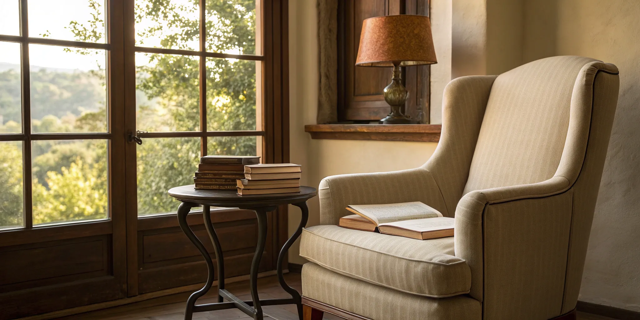 An ideal reading environment with an armchair, set up to retain information from books.