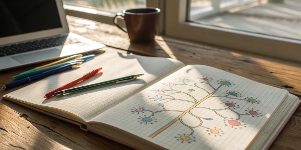 A colorful mind map for reading comprehension in an open notebook on a desk.