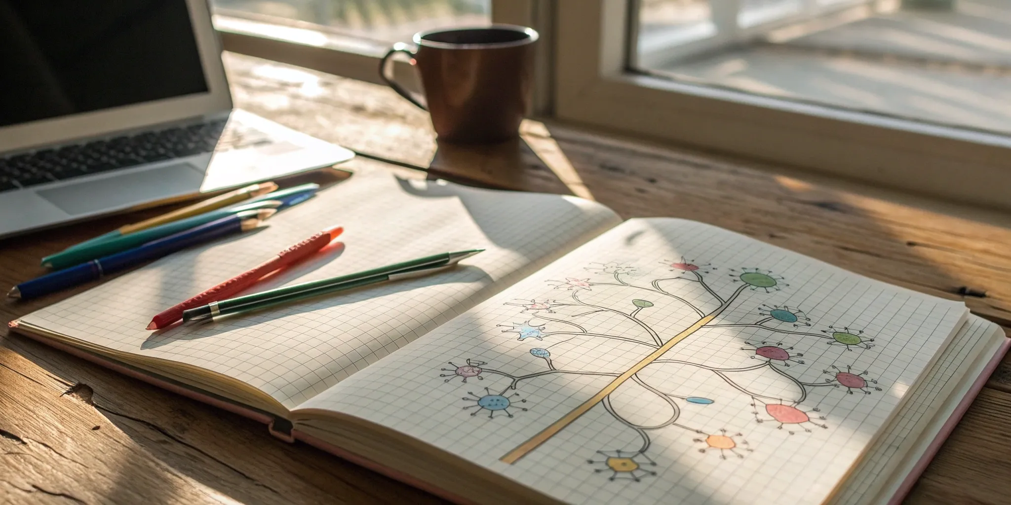 A colorful mind map for reading comprehension in an open notebook on a desk.