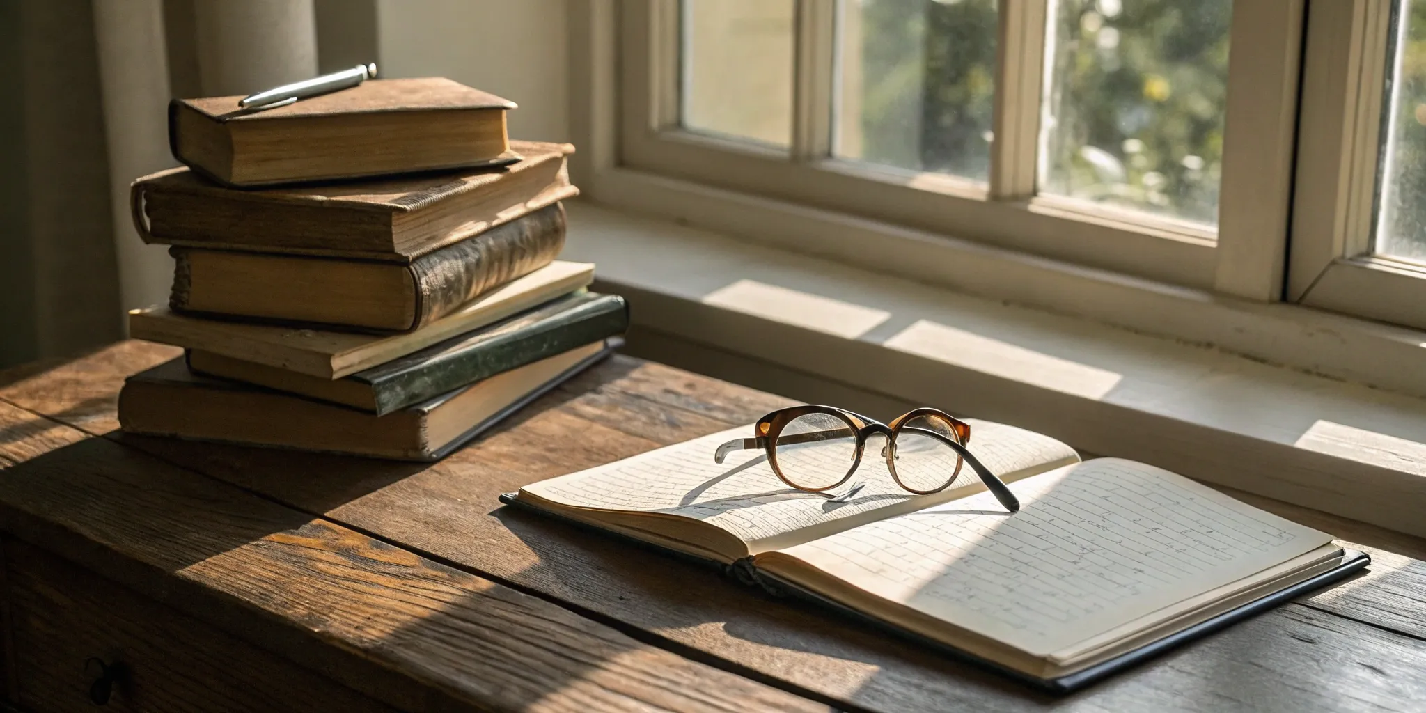 Open book and notebook with glasses on a desk for learning reading comprehension tips and tricks.