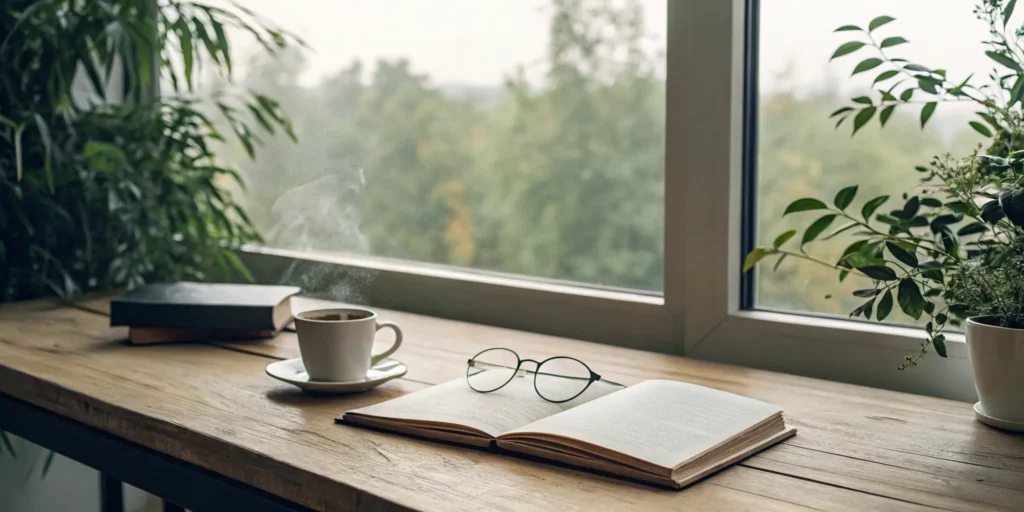 Open book and eyeglasses on a desk, a setting for dedicated photographic memory training.