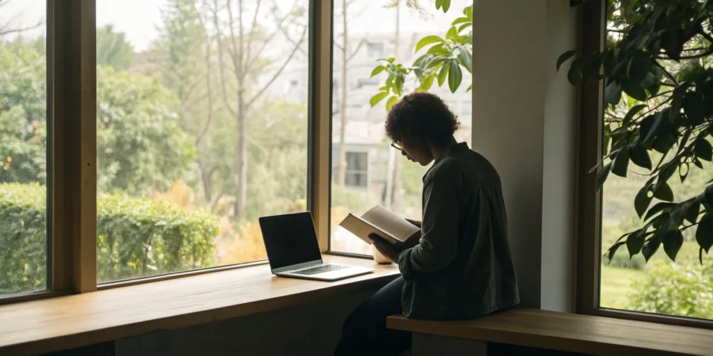 What is Active Learning? A Guide to Learn Faster 2 A person engaged in active learning with a book and laptop to learn faster.