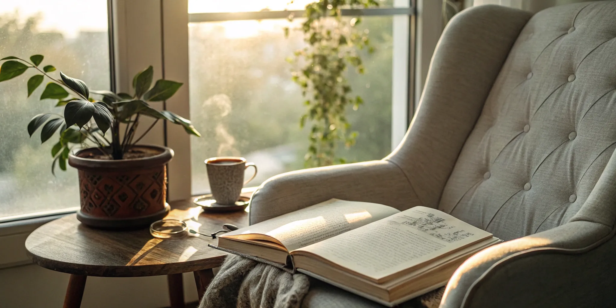 A comfortable reading nook with an open book, set up for a whole brain reading session.