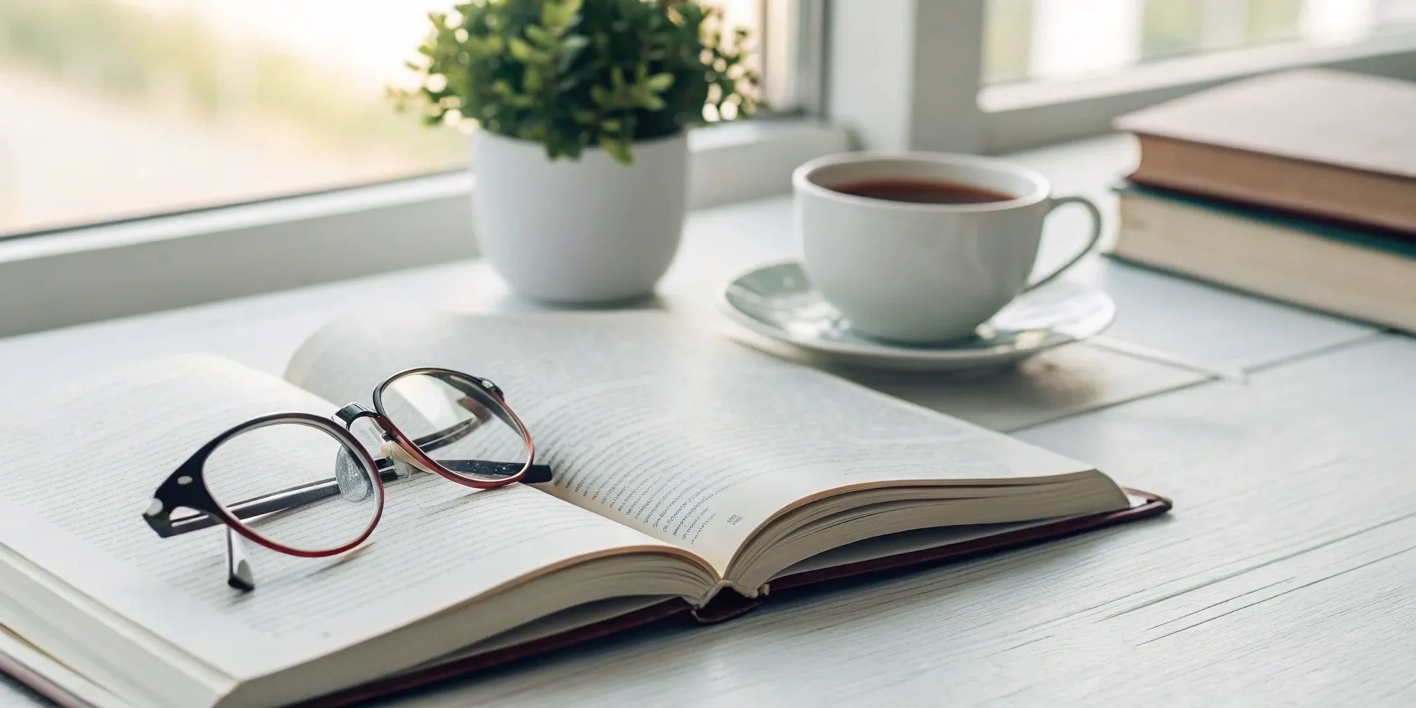 A desk with an open academic text and glasses, set up for using 4 reading strategies.