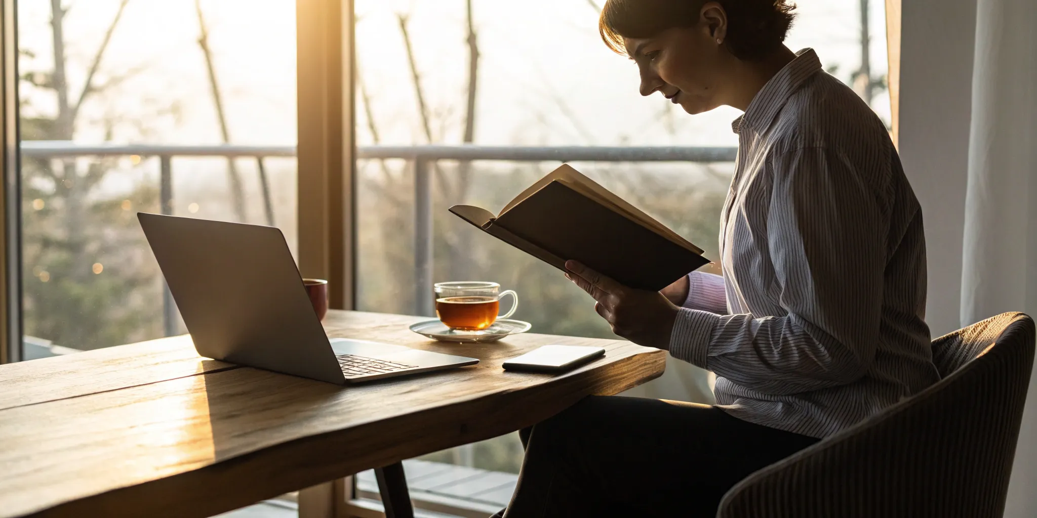A person at a desk learning the 4 types of reading skills from a PDF guide.