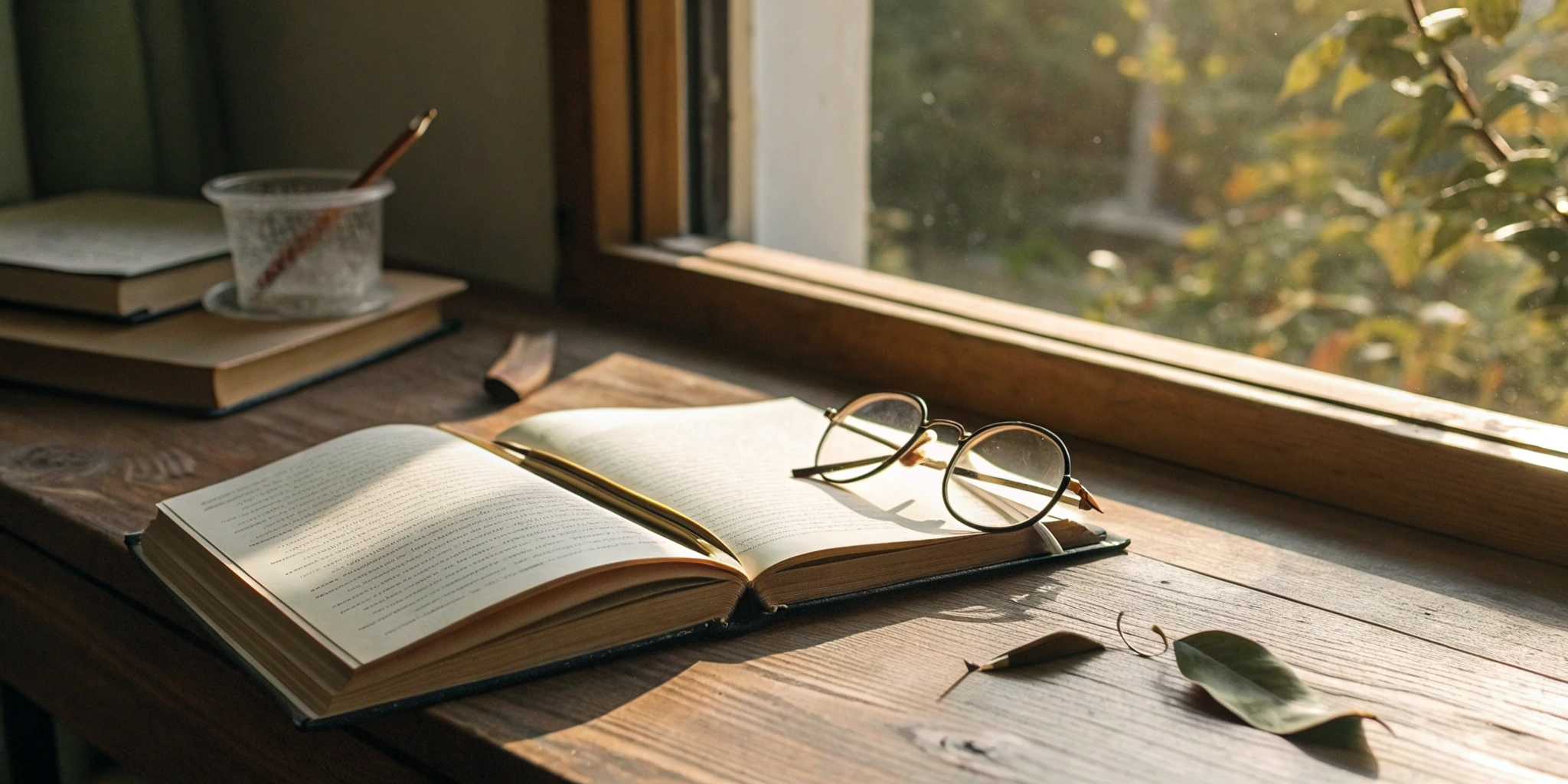 An open book with eyeglasses and a pen on a desk, used to build reading skills for clear communication.