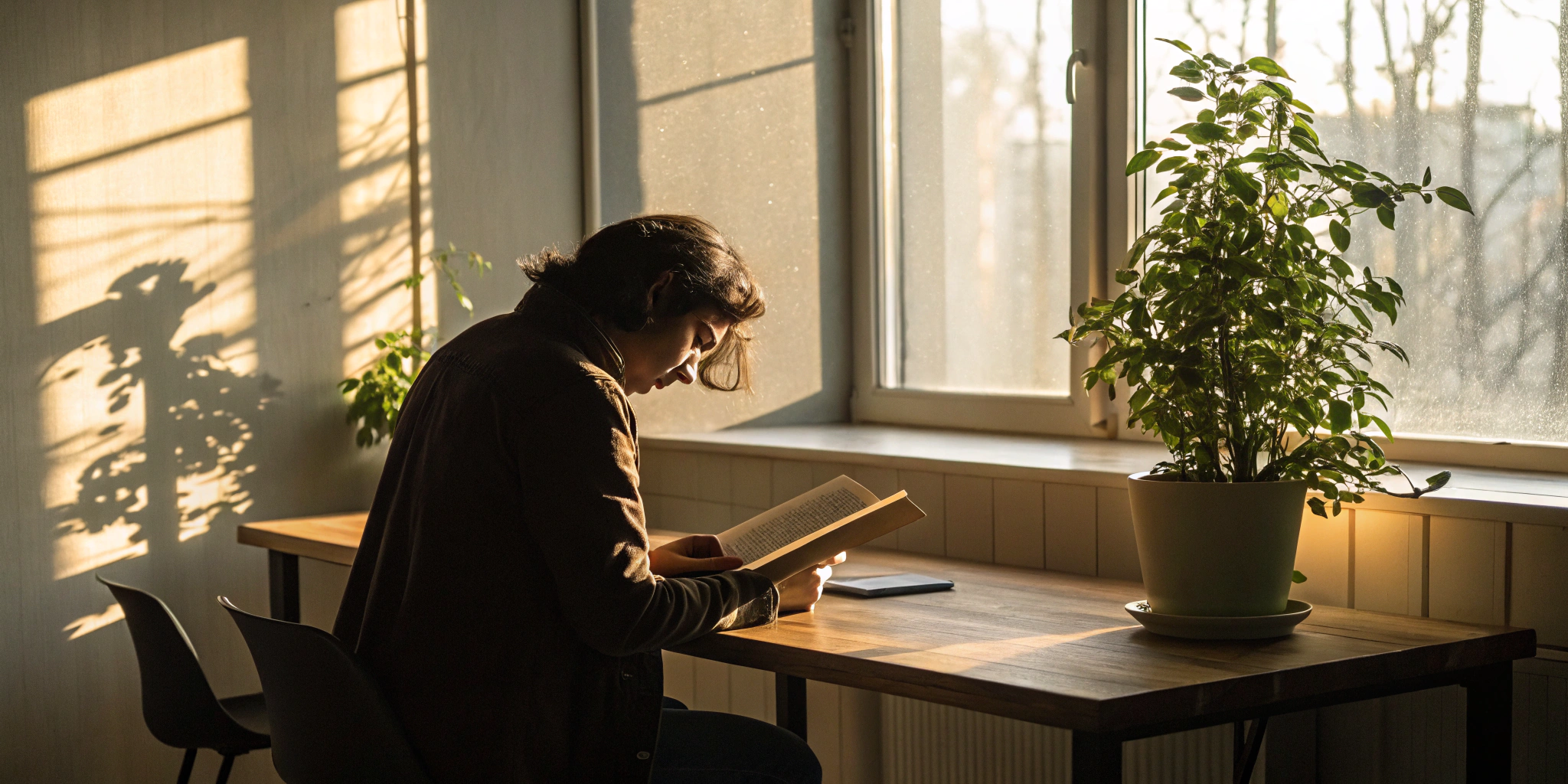 A person reading at a sunlit desk, a key factor that affects reading performance.
