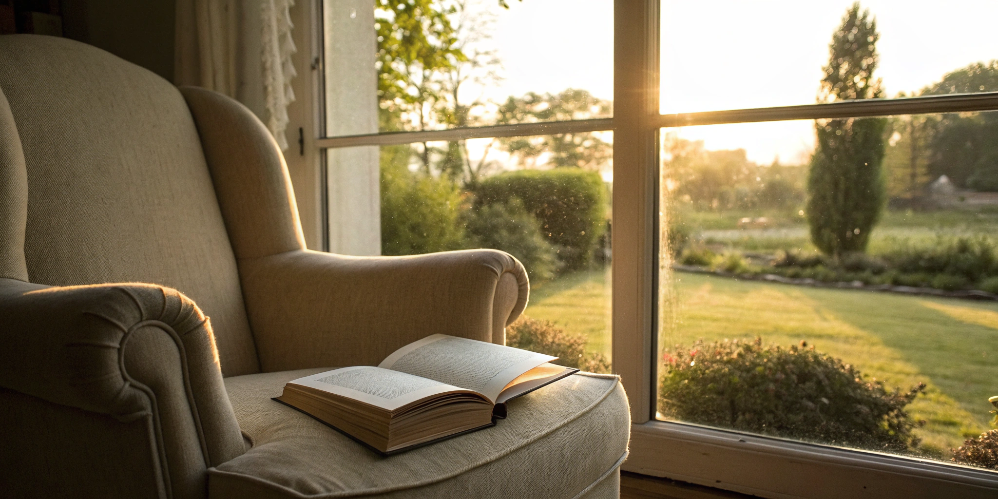 An open book in a quiet armchair, showing how to focus on reading without getting distracted.