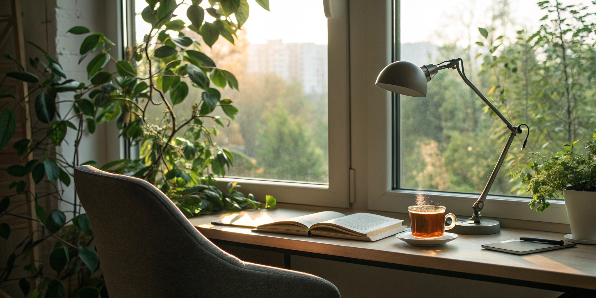 A quiet study desk with an open book, set up to concentrate while reading for exams.