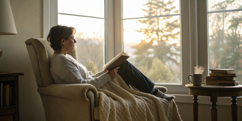 How to Improve Reading Comprehension for Adults 5 An adult in a cozy chair improving their reading comprehension with a book.