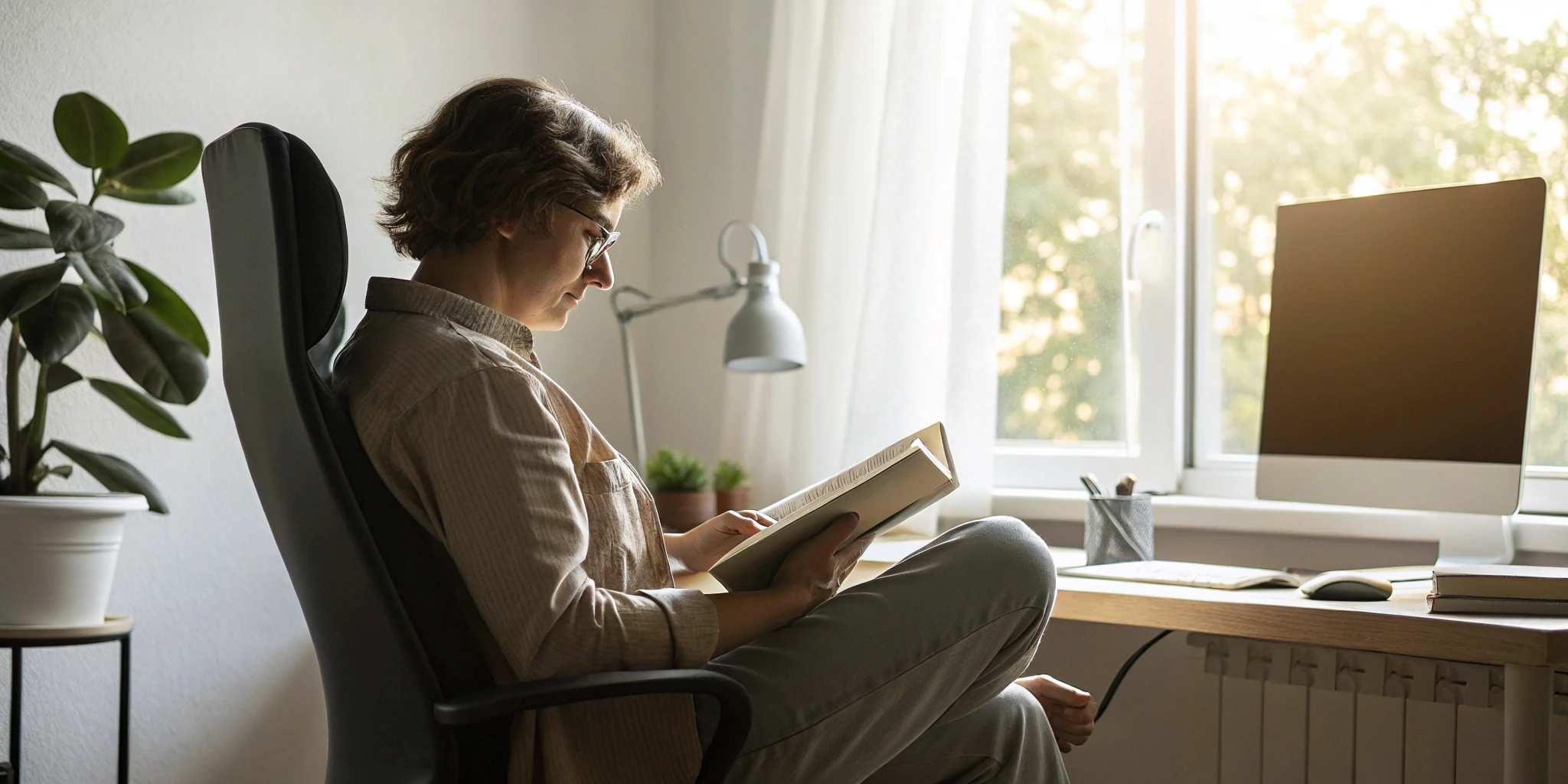 A person improving reading focus by reading in a quiet, organized environment.