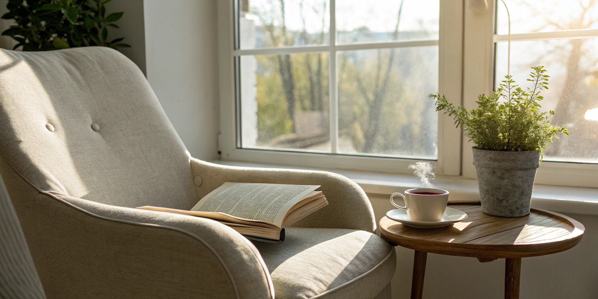 An open book in a cozy spot by a window, a simple way to read without getting bored.