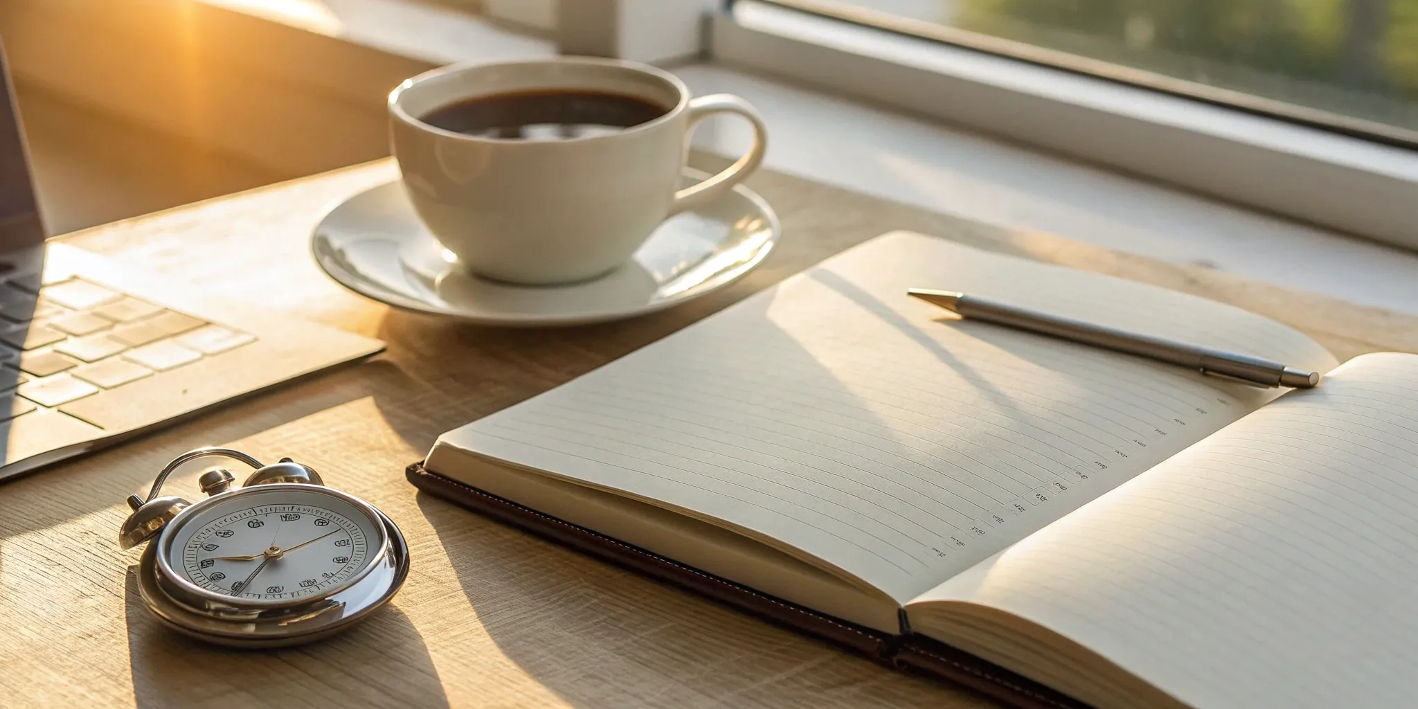 A clock, notebook, and laptop on a desk for using a pages per hour calculator to find reading speed.