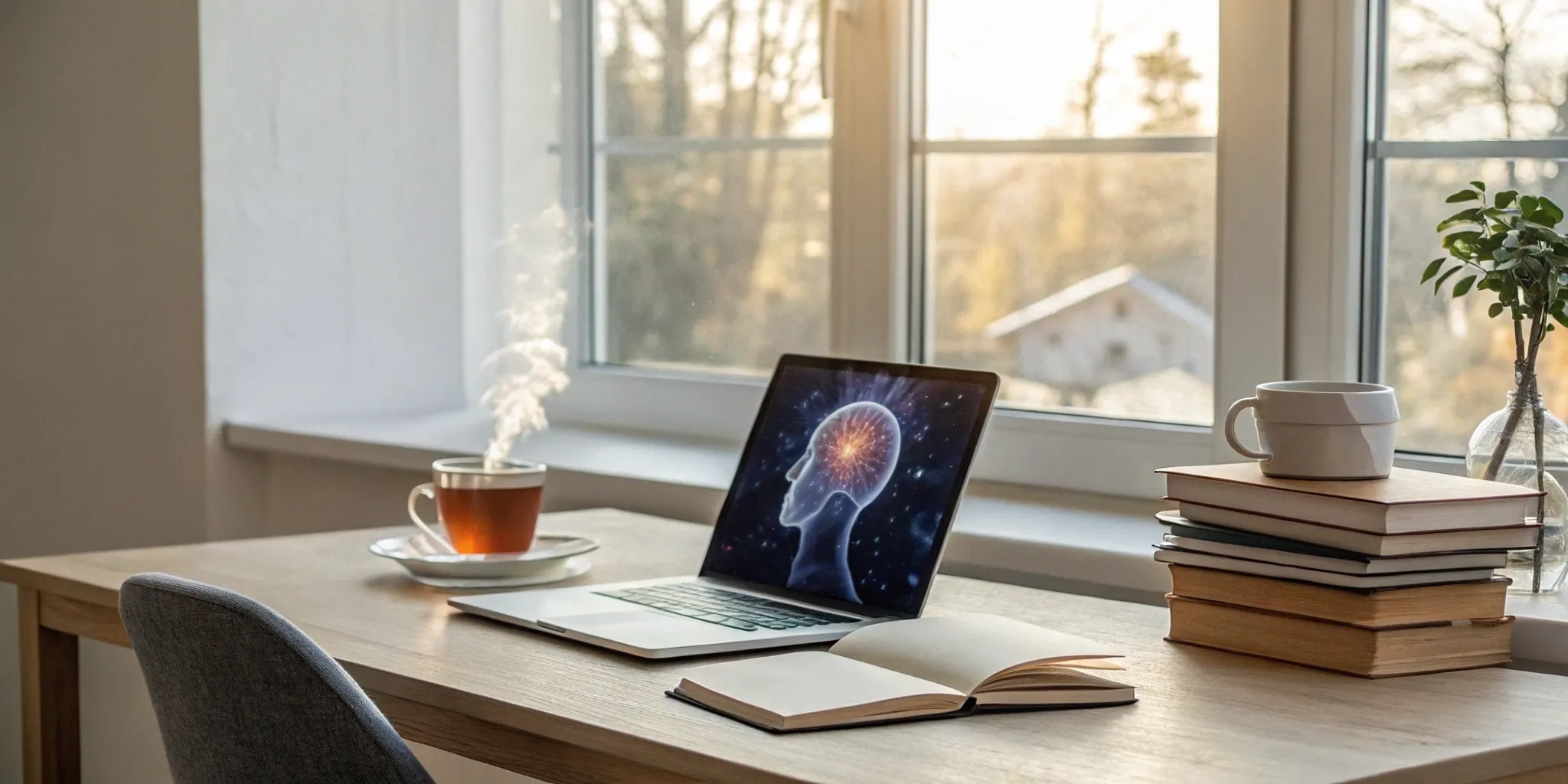 An organized desk with a laptop, notebook, and books, set up to improve your learning skills.