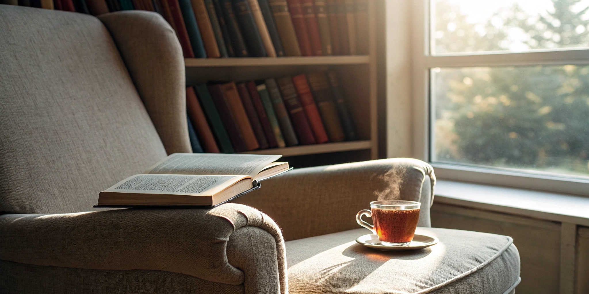 An open book in a sunlit nook, a peaceful result of achieving reading mastery.