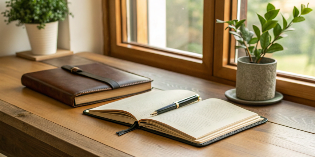 An open book and pen on a desk for studying a list of reading comprehension skills from a PDF.