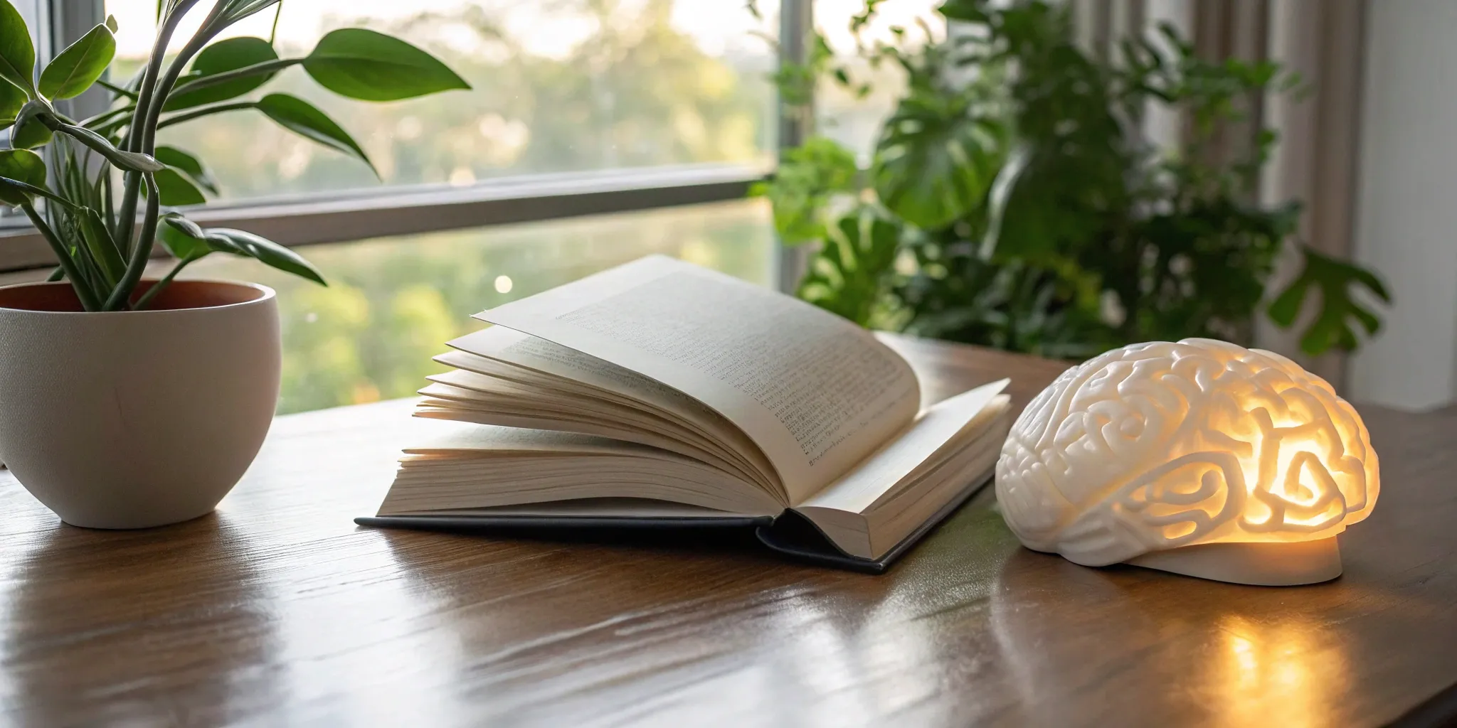 A glowing brain lamp and an open book on a desk for a guide on the whole brain approach.