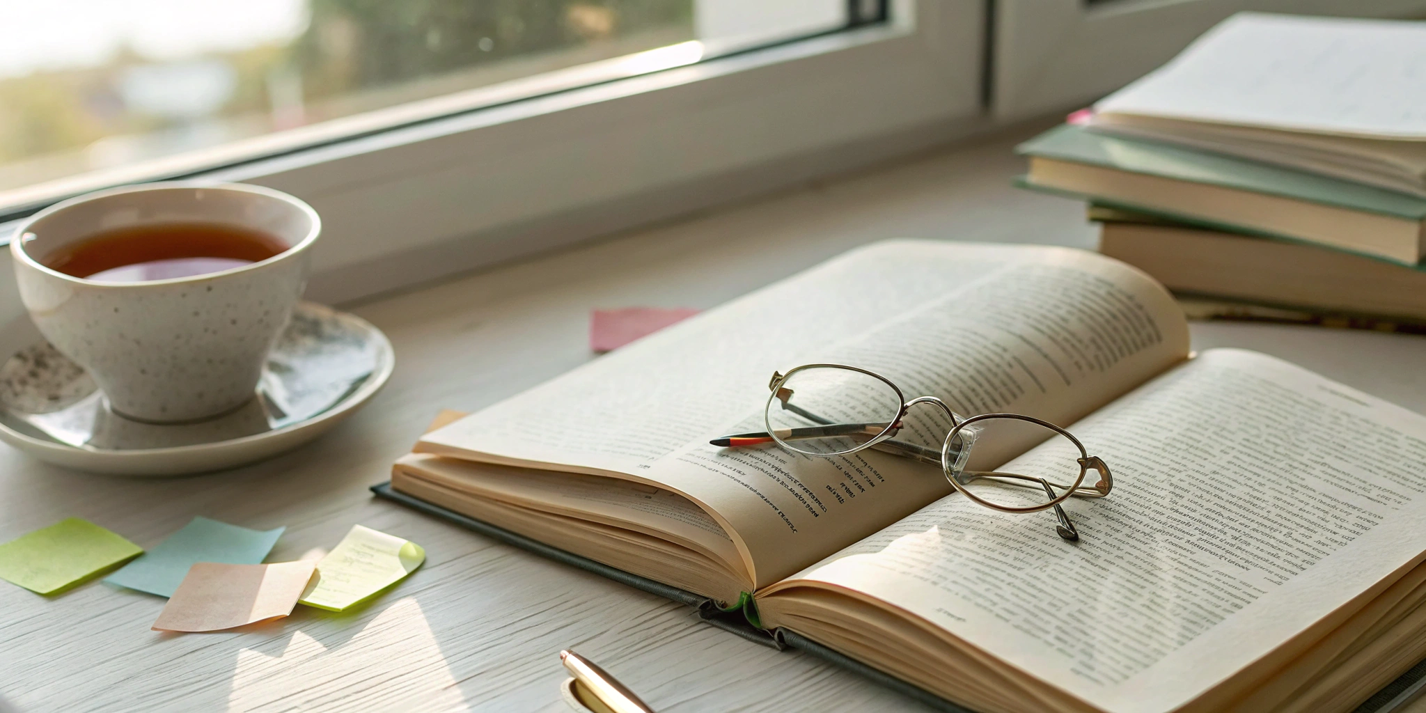 Open book with glasses and notes for activities to improve reading comprehension.
