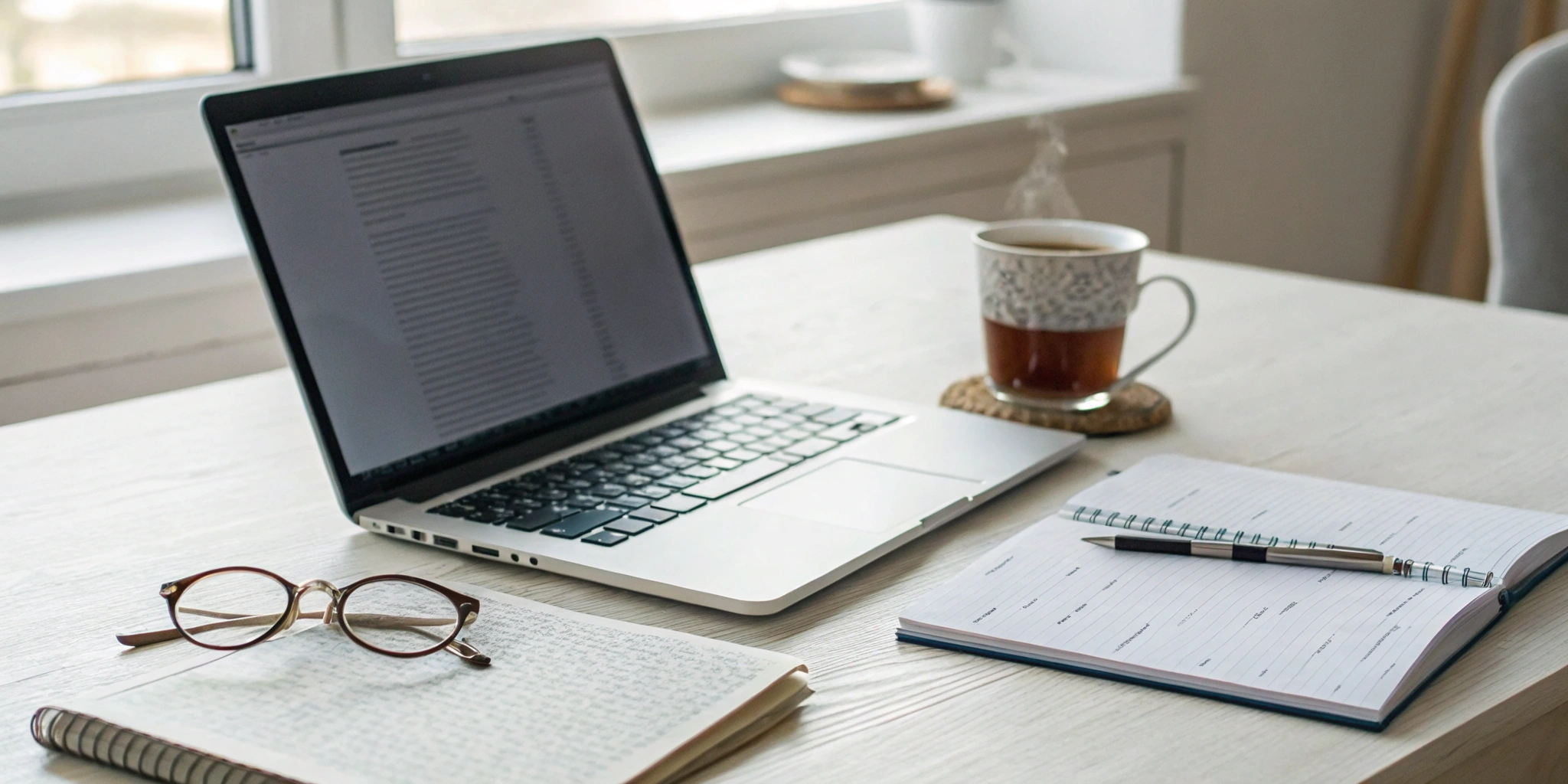 Desk with a laptop and notebook for learning speed reading techniques from a PDF.