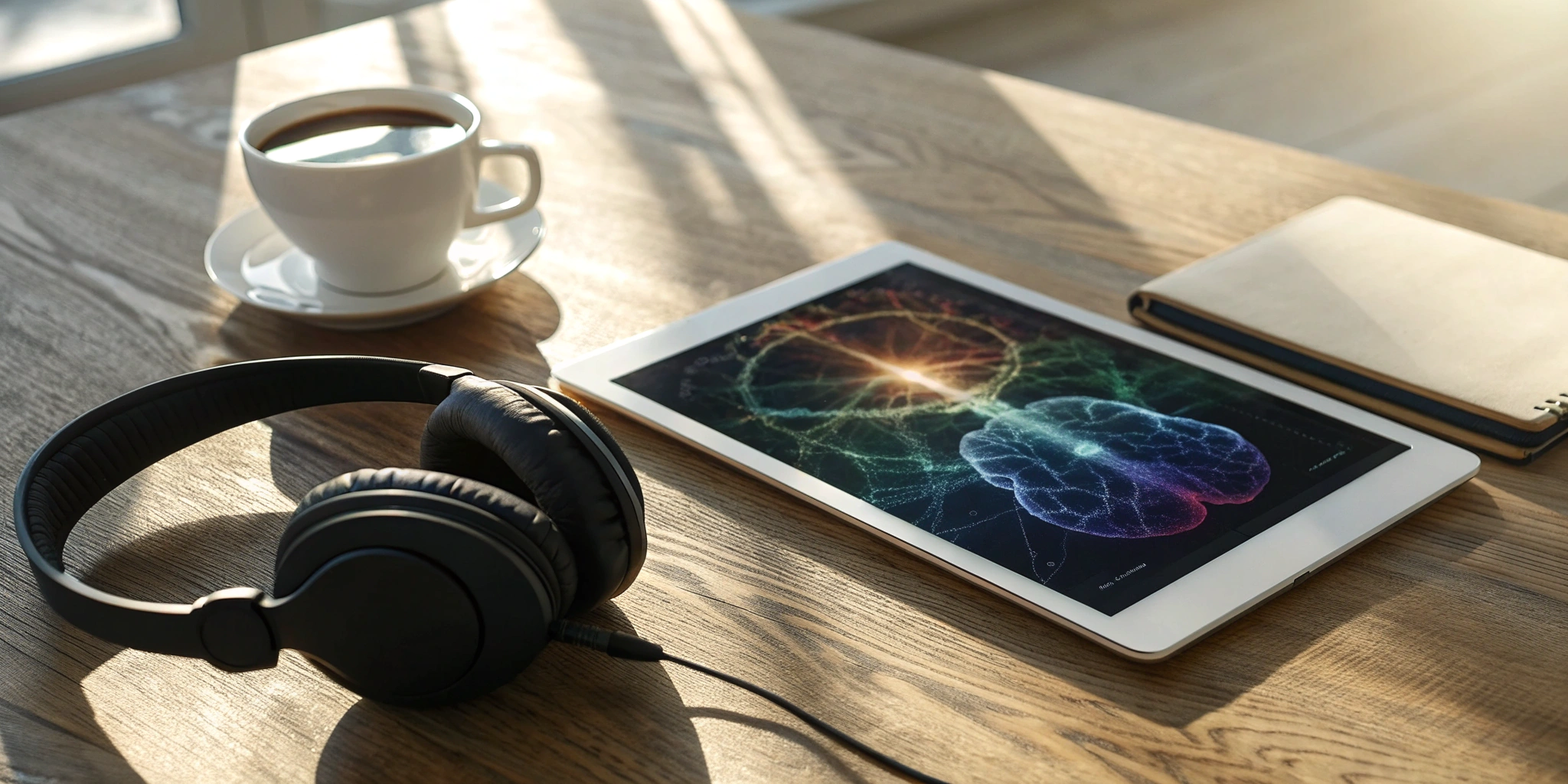 A tablet with one of the best brain training apps for reading, next to a notebook and coffee.