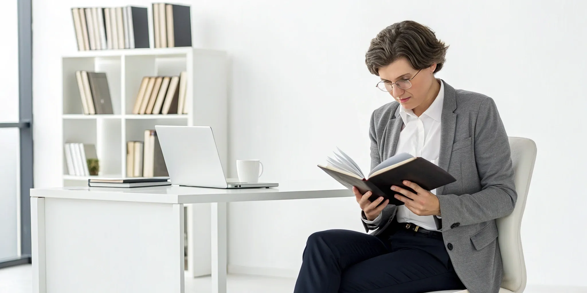 A person at a desk researching the best online course for reading comprehension on a laptop.
