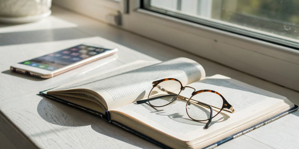 8 Best Apps for Eye Training to Read Faster 8 An open book, glasses, and a smartphone with the best app for eye training to read faster.