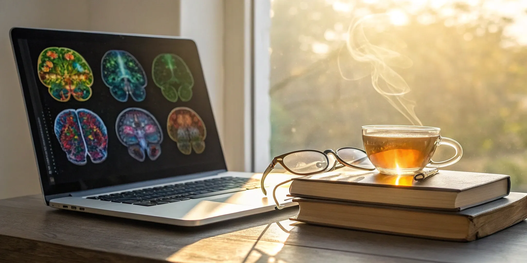 A laptop showing the best brain training software for memory, set on a desk with books and glasses.