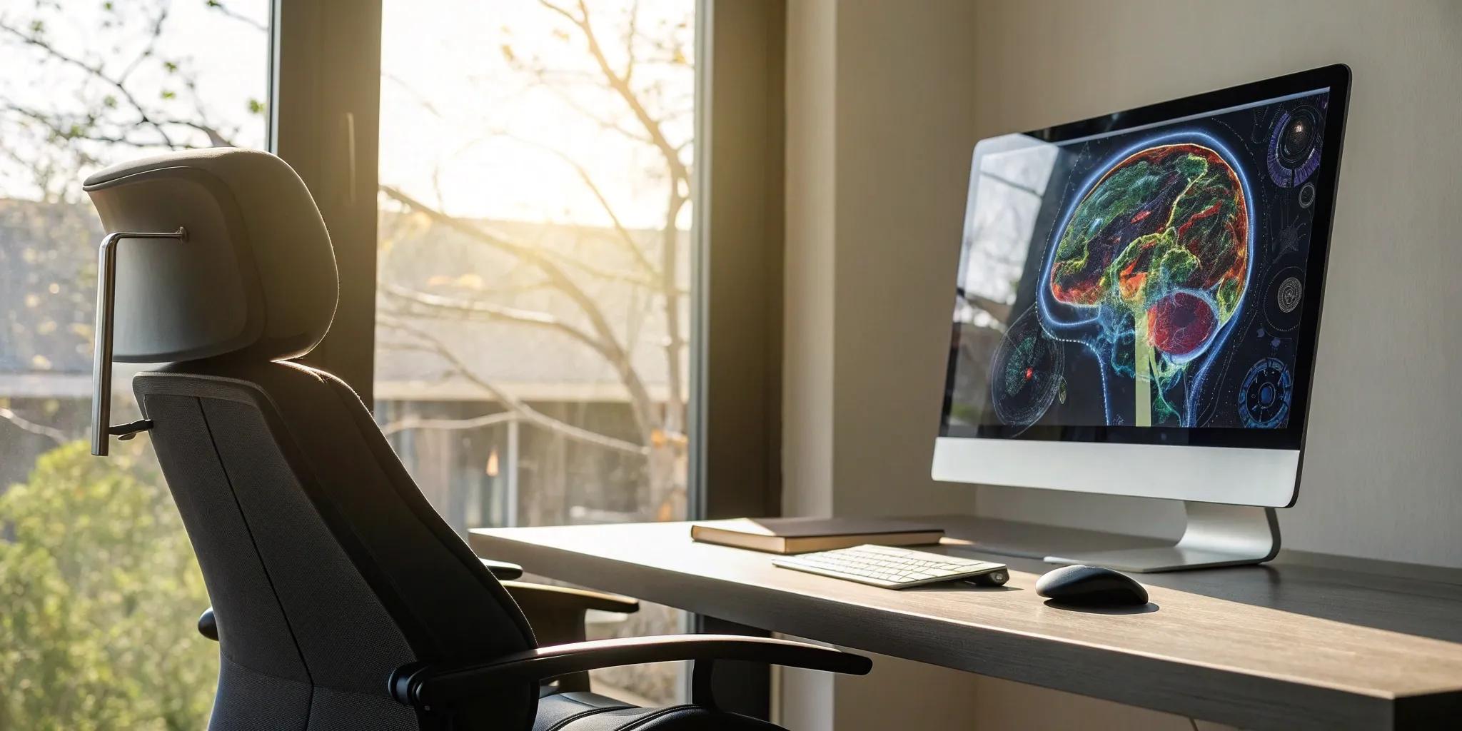 The best brain training software displaying a colorful brain visualization on a monitor.