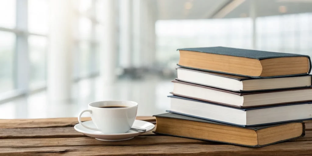 A stack of books on a desk for the best course on improving reading retention.