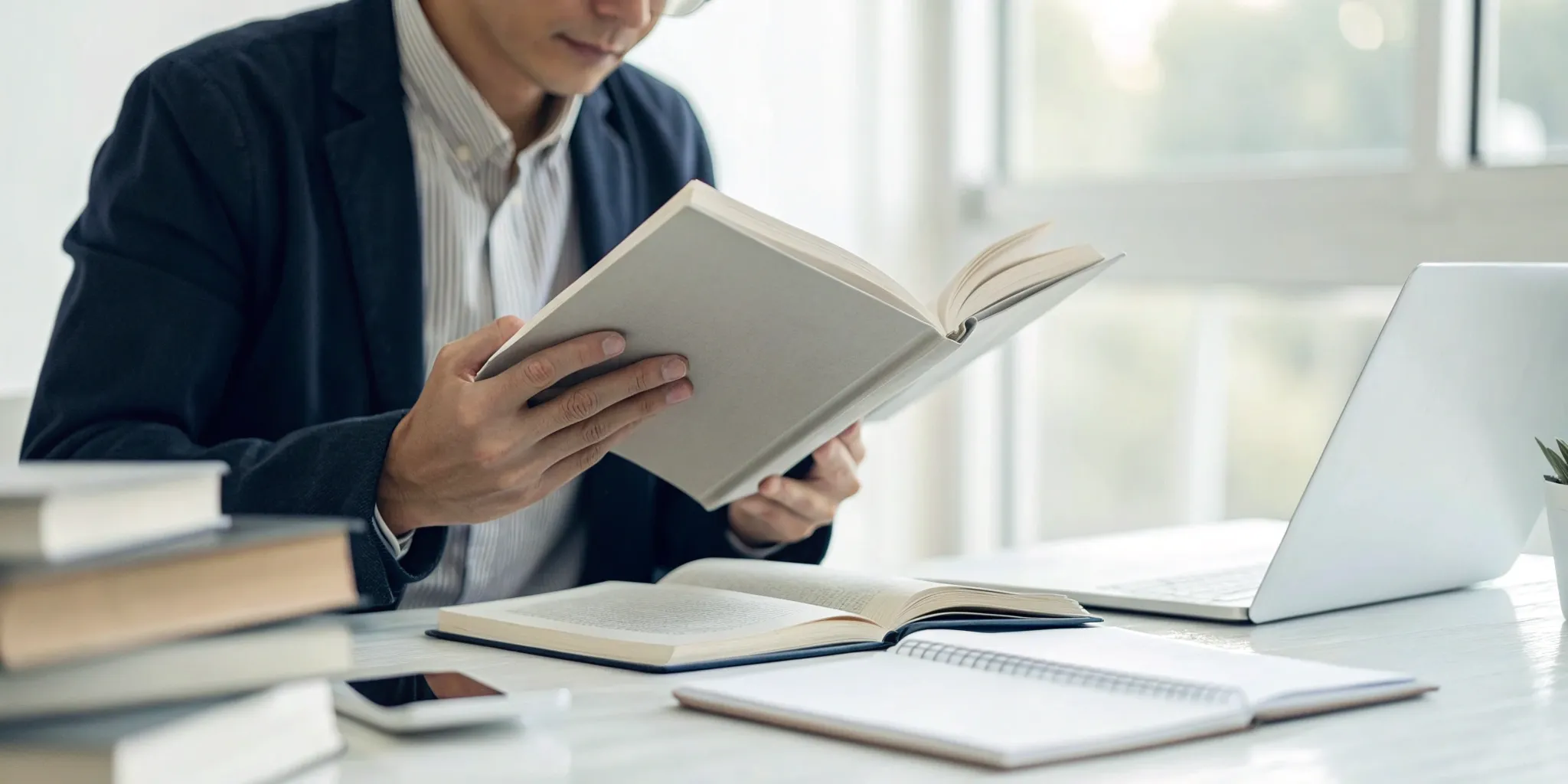Man reading a book and learning how subvocalization slows down reading speed.