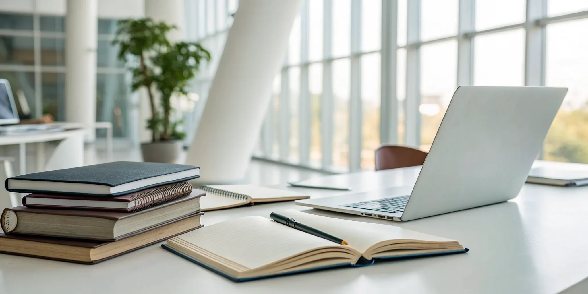A desk with books and a laptop for studying with eidetic memory techniques.