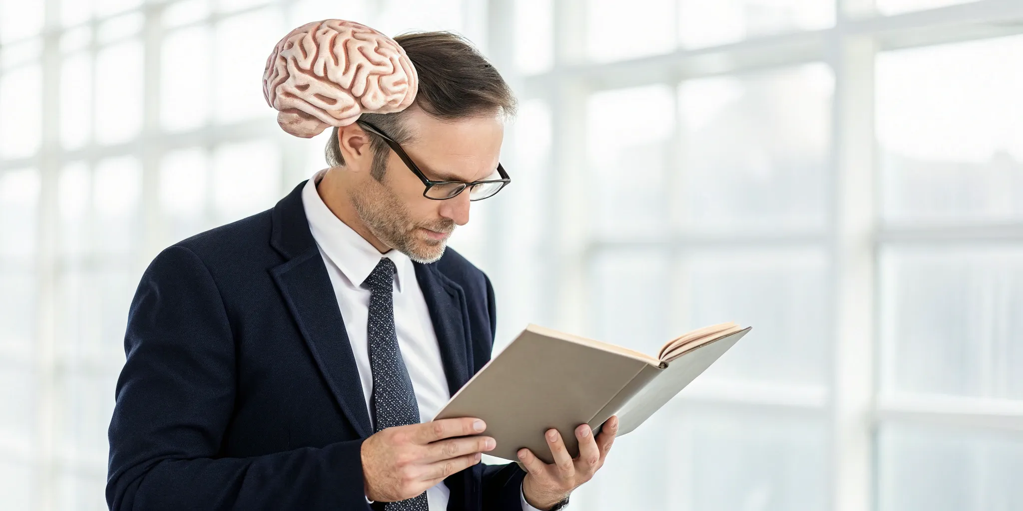 A man reading a book, with visible brain activation for reading.