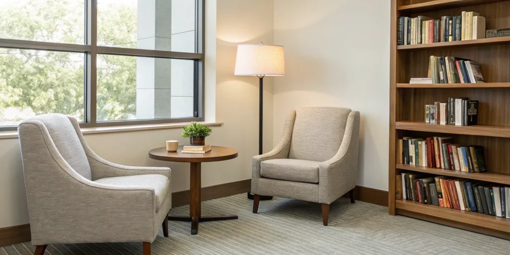 Creating a positive reading environment with a comfortable armchair, bookshelf, and warm light.