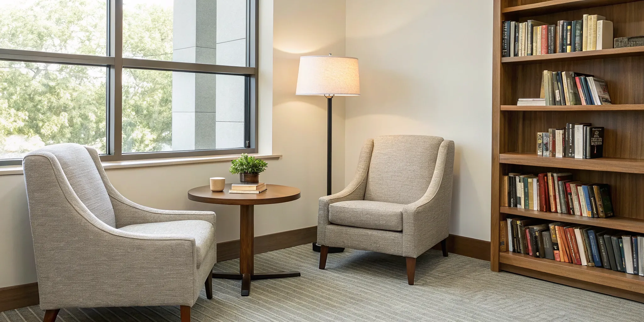 Creating a positive reading environment with a comfortable armchair, bookshelf, and warm light.