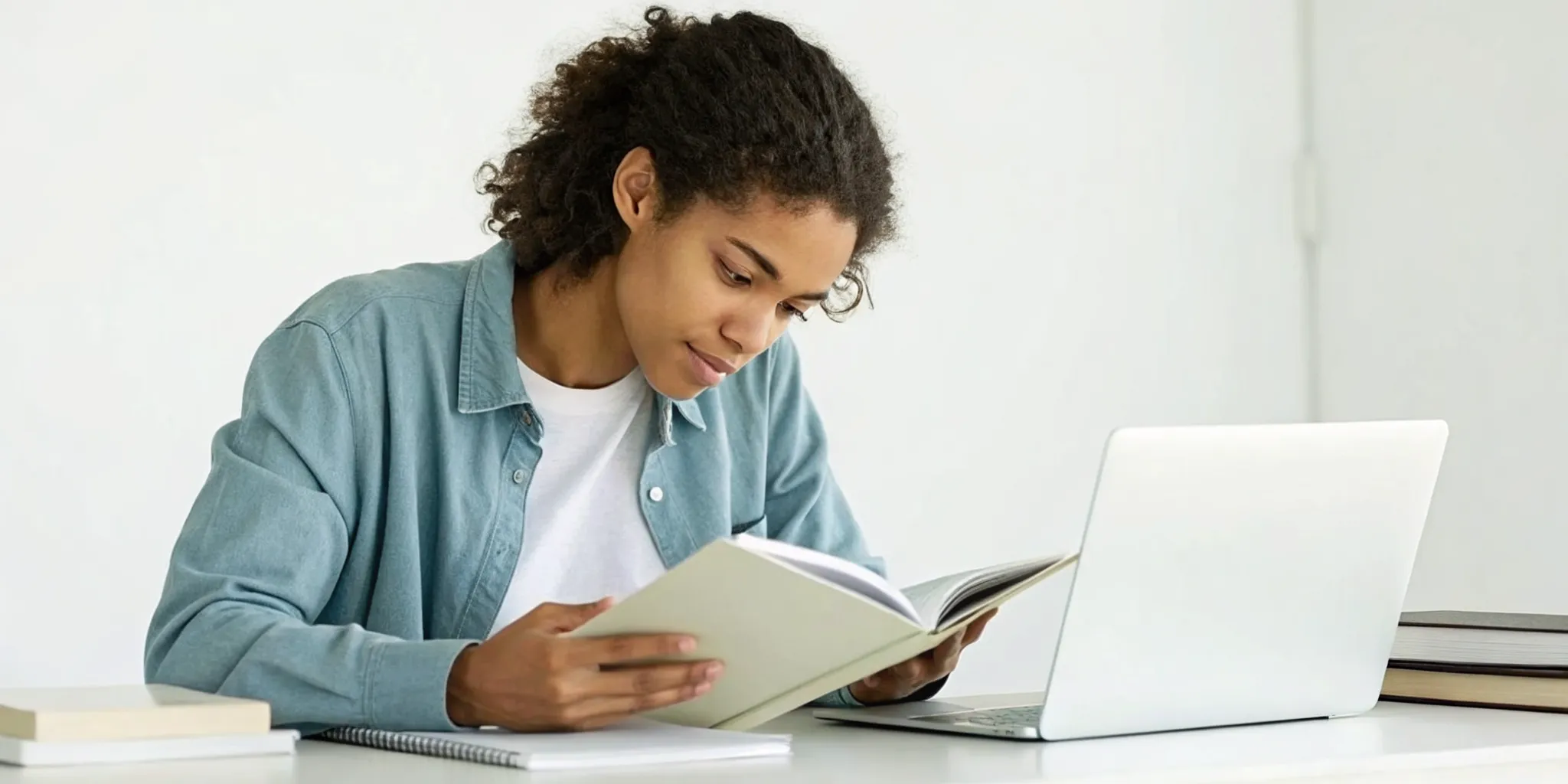 A student learns how to focus on reading for school, studying a book at a desk with a laptop.