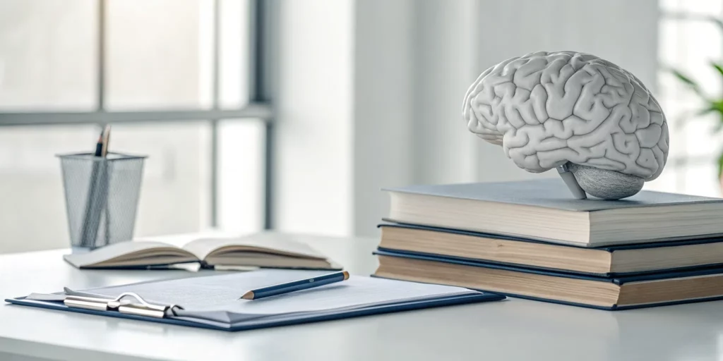 A study desk with a brain model and books, ready for applying brain training techniques.