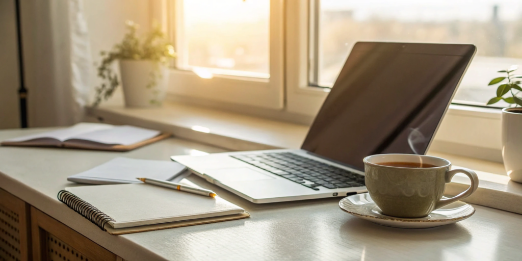 Your Guide to an Accelerated Learning Course Online 10 A person's desk setup for an accelerated learning online course.