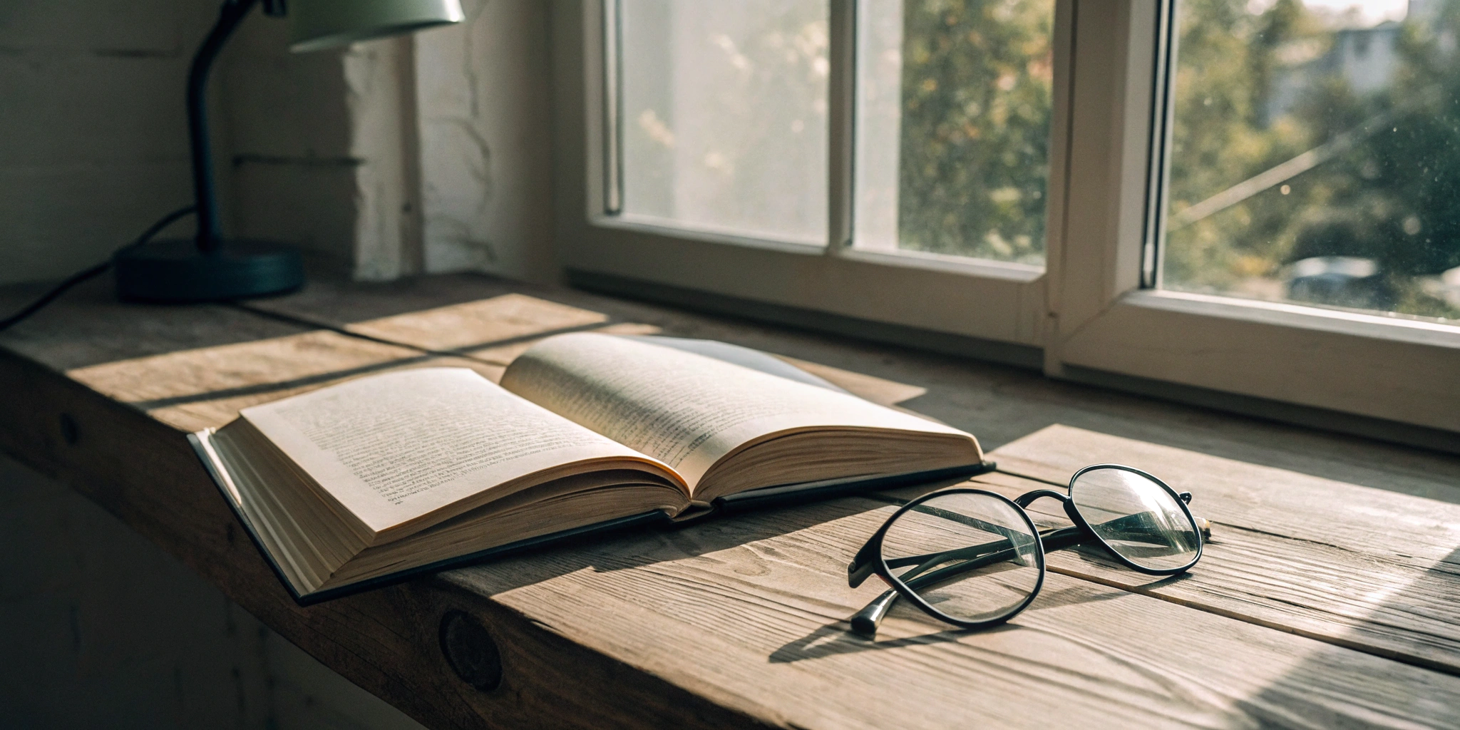 A book and glasses on a desk for practicing the 100 one-minute speed reading drills.
