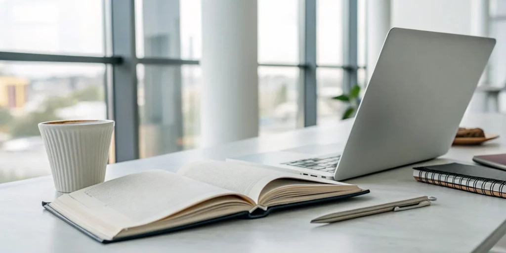 A desk set up for focused textbook reading with a laptop, pen, and coffee.