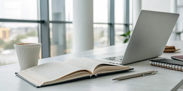 Reading Acceleration Program Challenges Standardized Tests 10 A desk set up for focused textbook reading with a laptop, pen, and coffee.