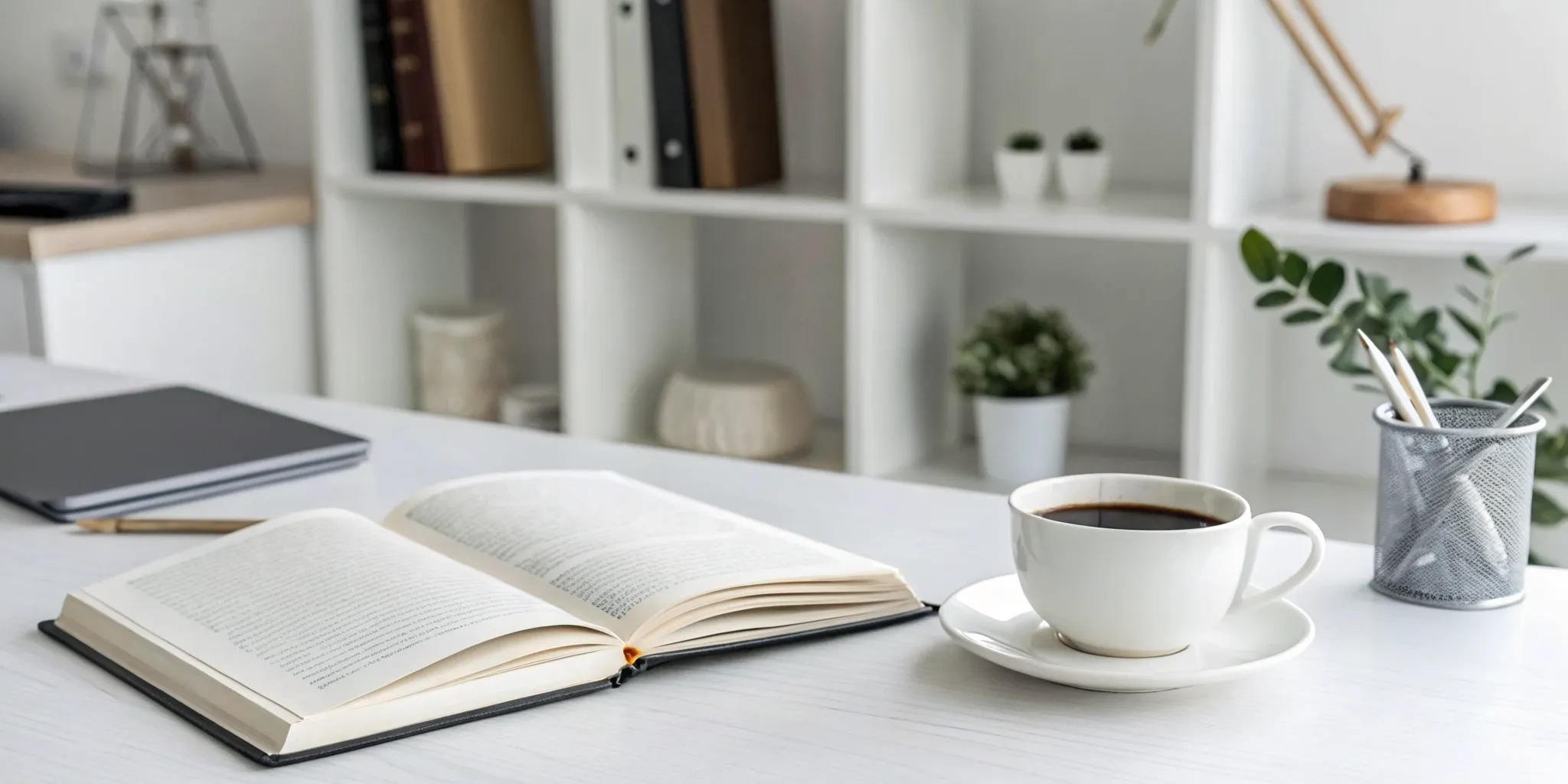 A tidy desk with an open book and coffee, set up to eliminate reading distractions.