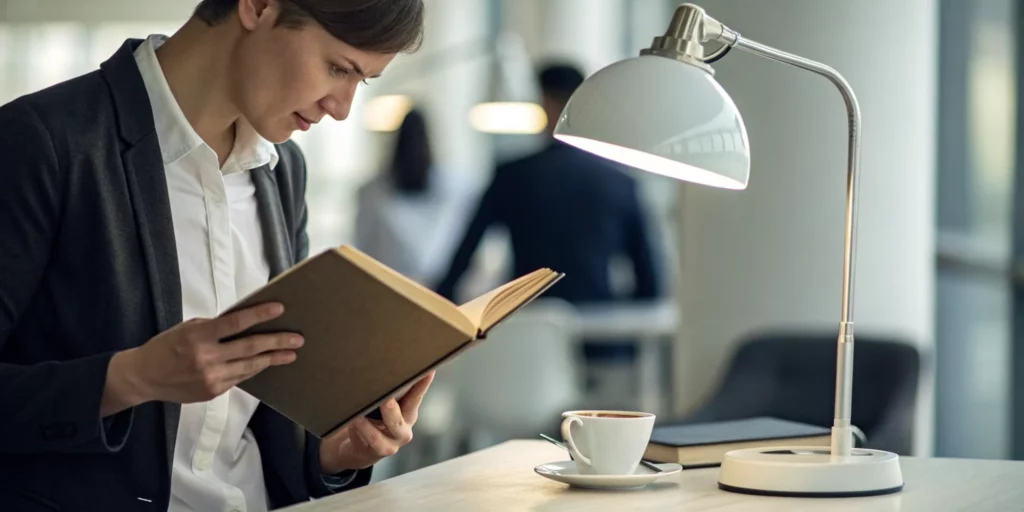 Man focusing on reading a book at a desk, tuning out the noise of a busy environment.